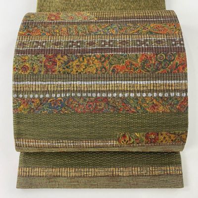50％OFF 袋帯 美品 秀品 やまと 花唐草 縞 箔 金糸 茶緑色