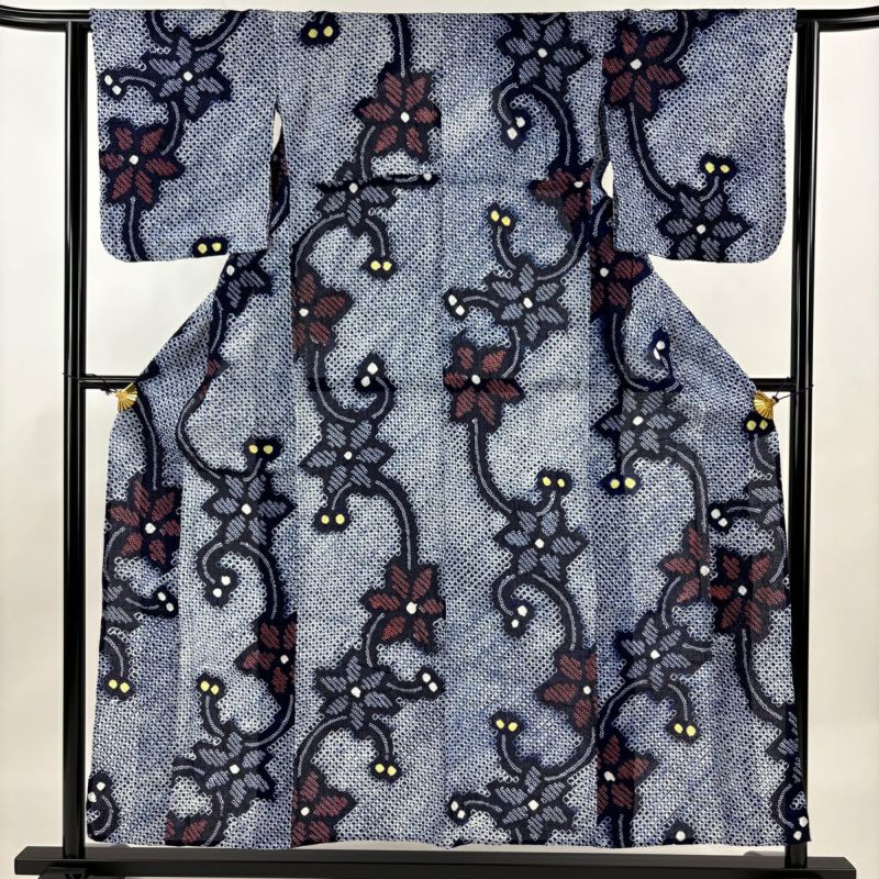 浴衣 身丈154cm 裄丈61cm S 絞り浴衣 花唐草 紺色 綿 美品 名品