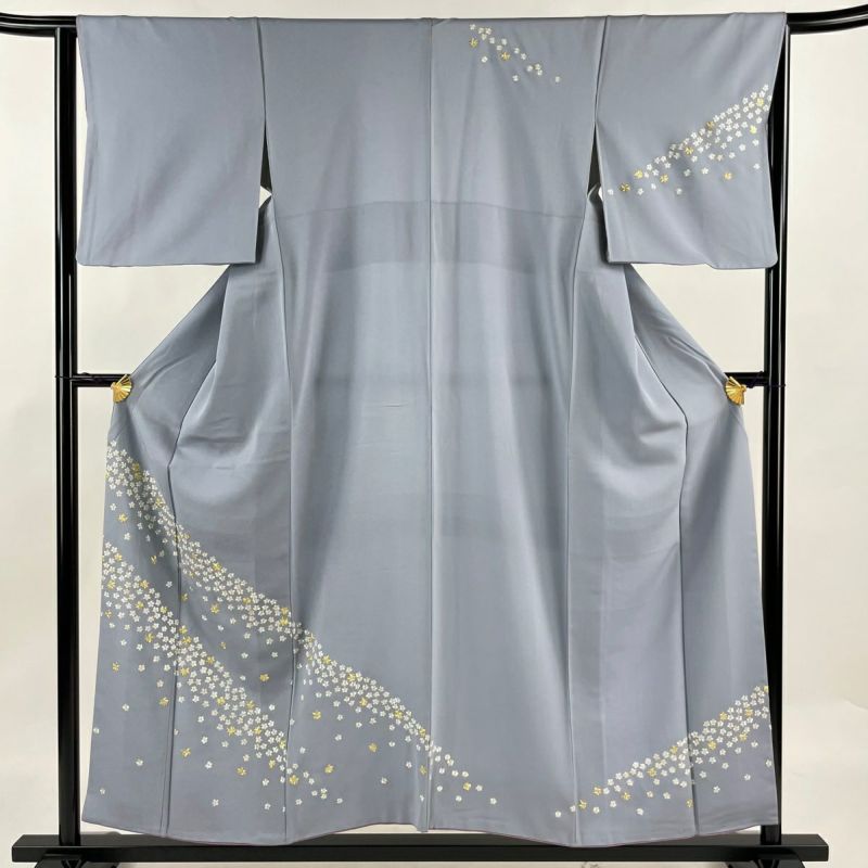 付下げ 身丈155.5cm 裄丈64cm M 袷 桜 楓 金糸 刺繍 青灰色 正絹