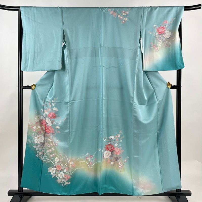 訪問着 身丈158.5cm 裄丈66.5cm M 袷 草花 金銀彩 ぼかし 青緑