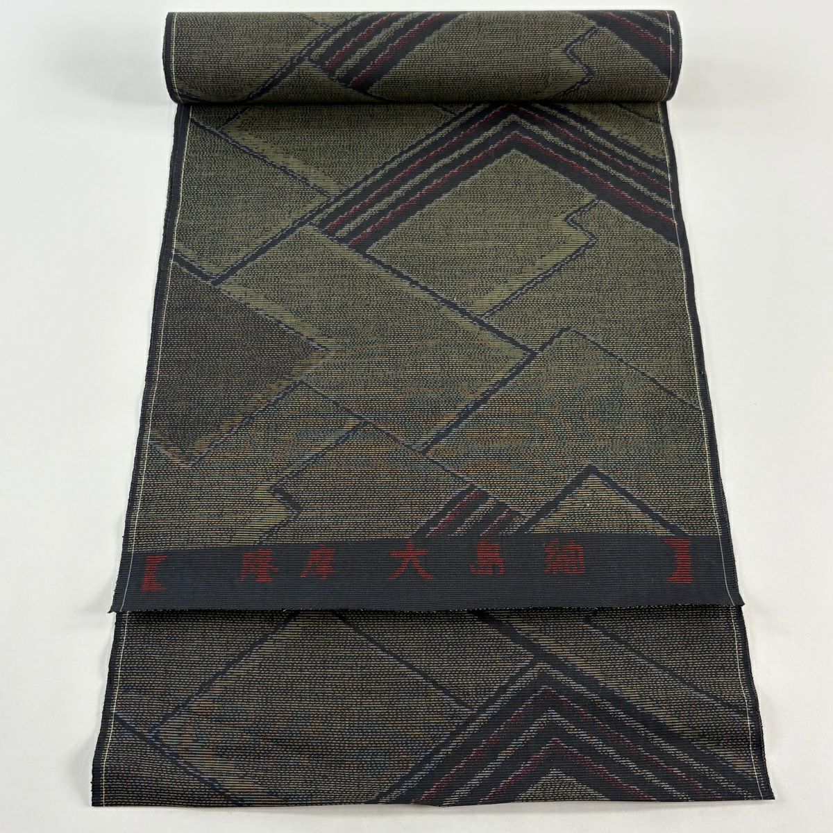 美品】 名古屋帯 秀品 唐草 幾何学模様 箔 深緑 正絹｜中古・古着