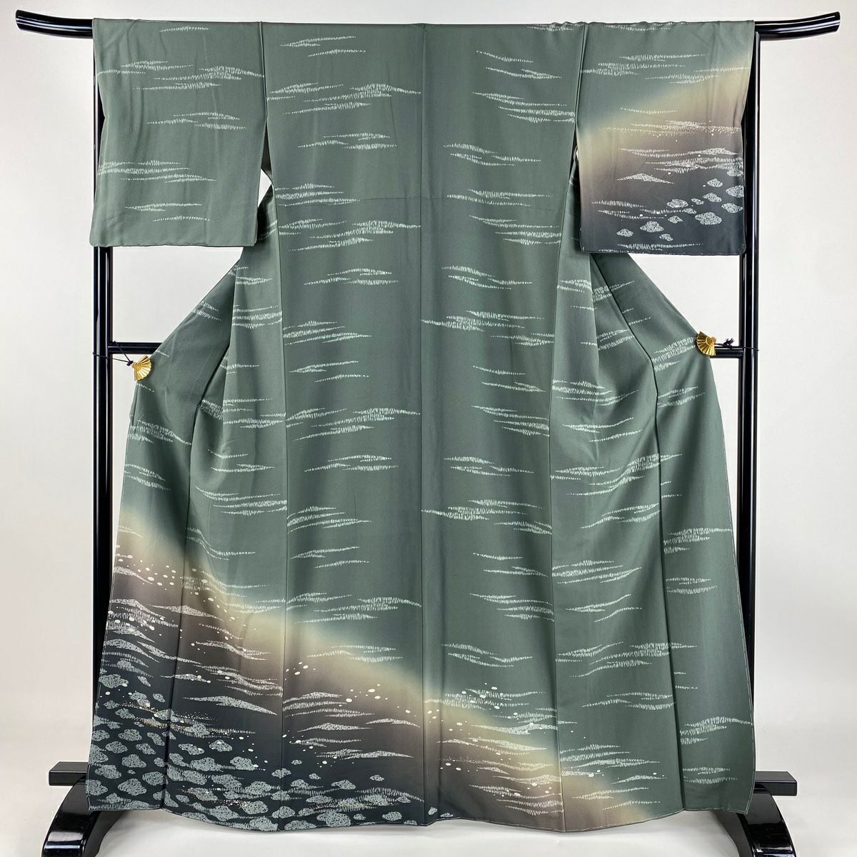 ち★美品★ 振袖&長襦袢セット　正絹　織柄無地　花紋刺繍　身丈162センチ 振袖 身丈162cm 裄丈68cm L 袷 袋帯フルセット 辻が花柄 金彩