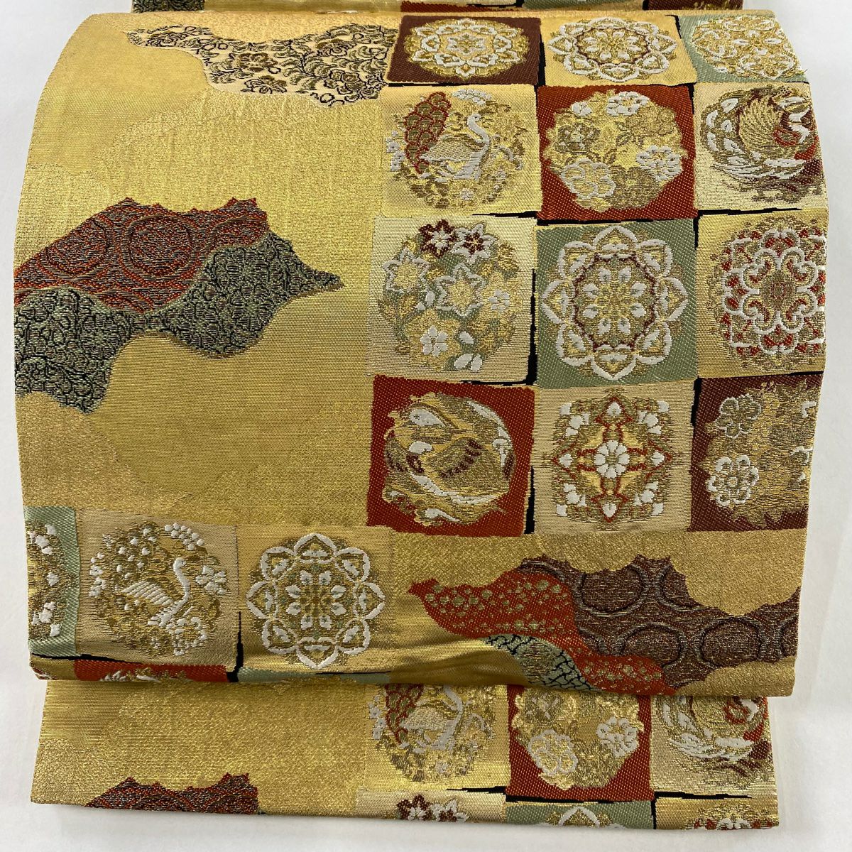 袋帯 美品 秀品 市松模様 桜 金糸 箔 灰色 六通 正絹｜中古