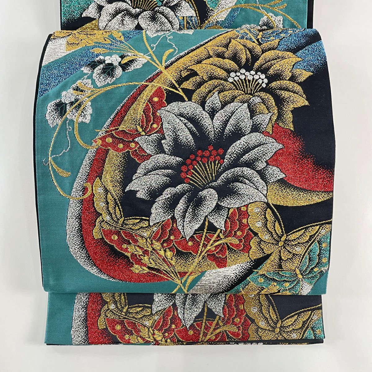 唐草文様入り紋紗 江戸紅型調の六通柄袋帯 極美品 笹蔓に宝尽くし文様 両面全通袋帯【中古】 | かわの屋