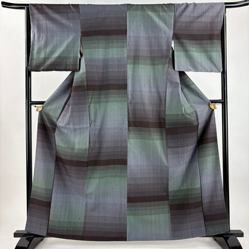 紬 身丈162cm 裄丈65cm M 袷 段縞 小豆色 正絹 秀品｜中古・古着