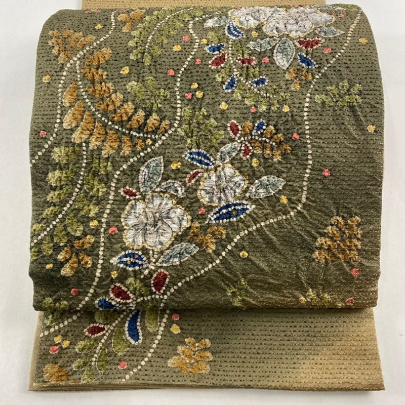 袋帯 作家物 美しい辻が花模様 金通し 草緑色 O-3245
