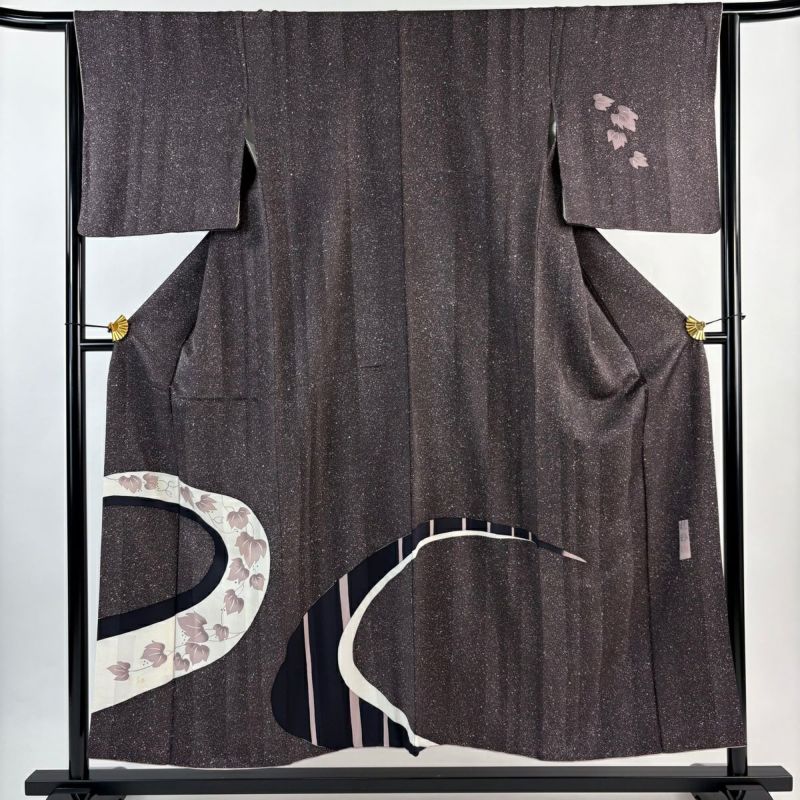 付下げ 身丈153.5cm 裄丈63cm S 袷 落款あり 葉と実 幾何学模様 濃紫