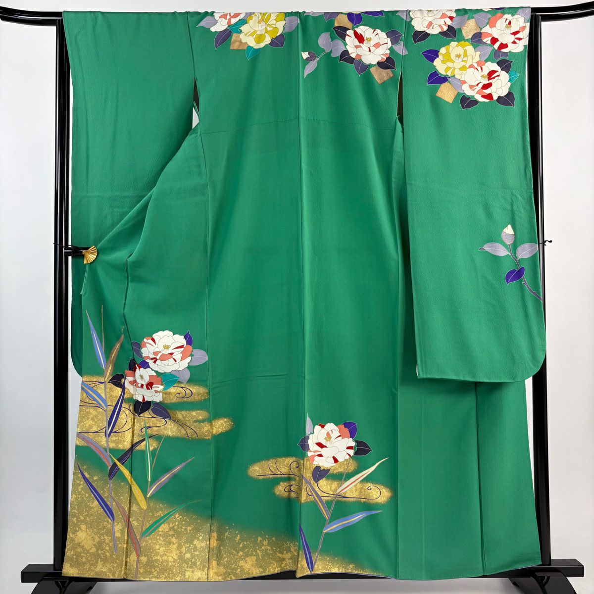 振袖 身丈160cm 裄丈65.5cm M 袷 椿 ヱ霞 金彩 緑 正絹 秀品｜中古