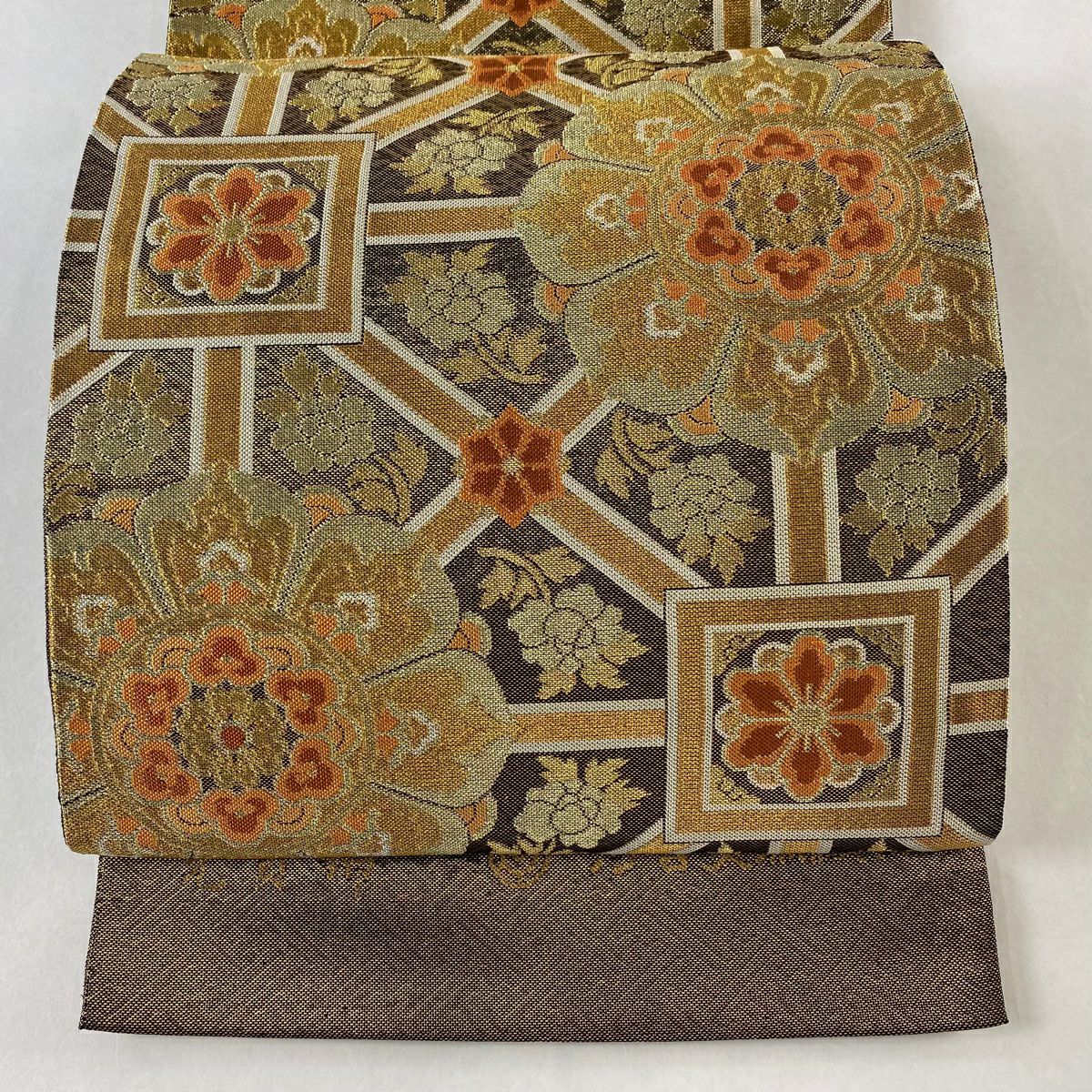 袋帯 美品 逸品 落款 河合美術織物 亀甲 菊 金銀糸 唐織 金色 六