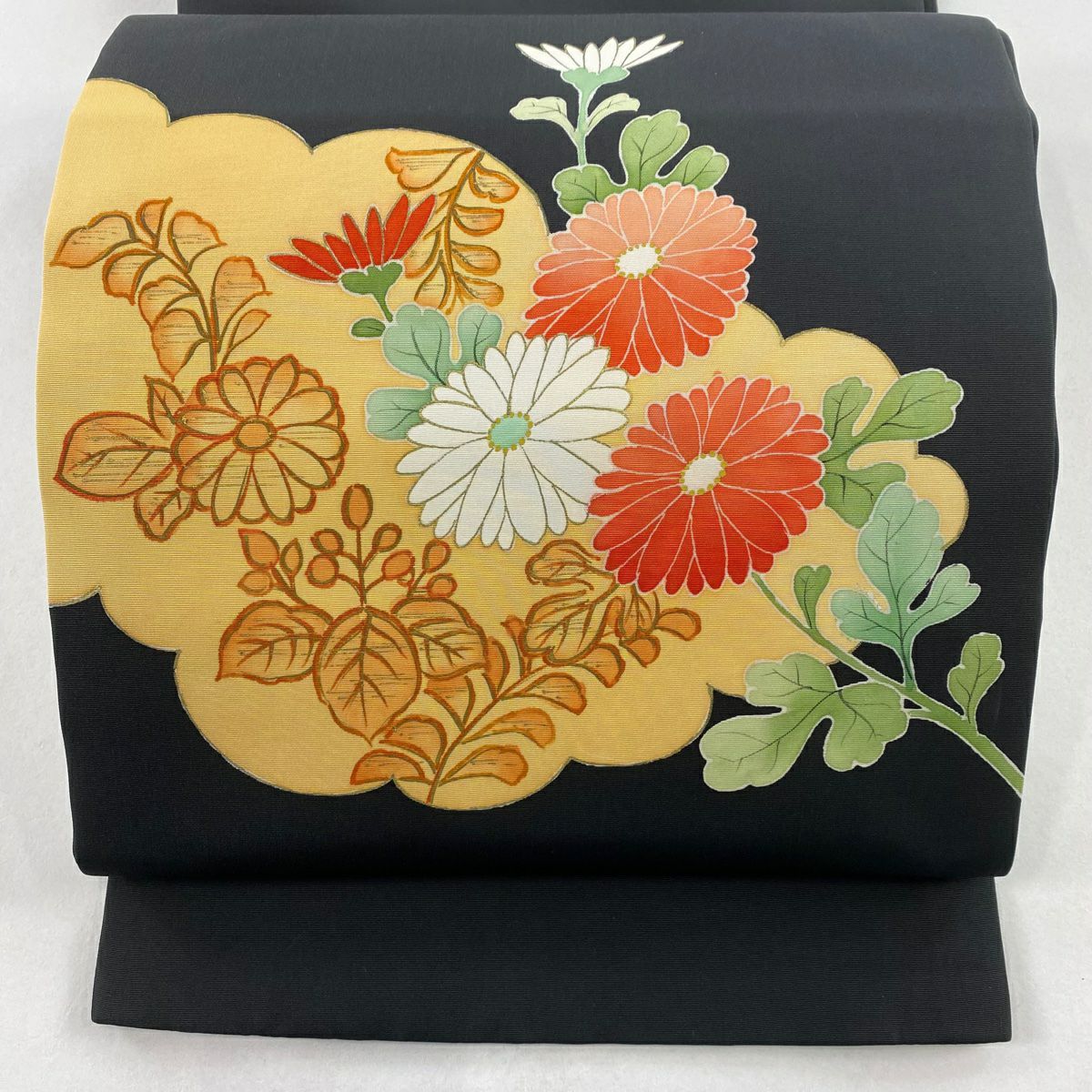 30%OFF 開き名古屋帯 美品 秀品 折り鶴 松葉 金彩 黒 正絹 K30
