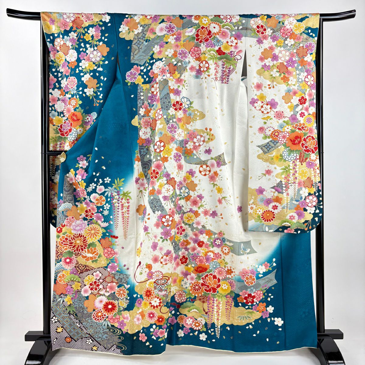 振袖 身丈160cm 裄丈64cm M 袷 桜 流水 金糸 銀通し 青緑 正絹 名品