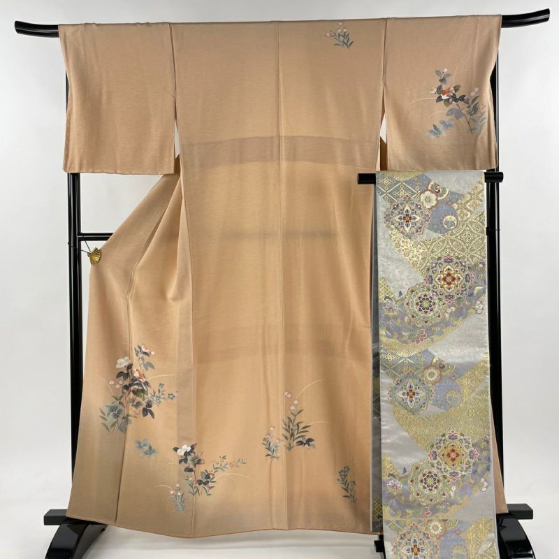 裄丈68cm 薄い黄緑みのイエローに花々訪問着セット 正絹 袷 四点