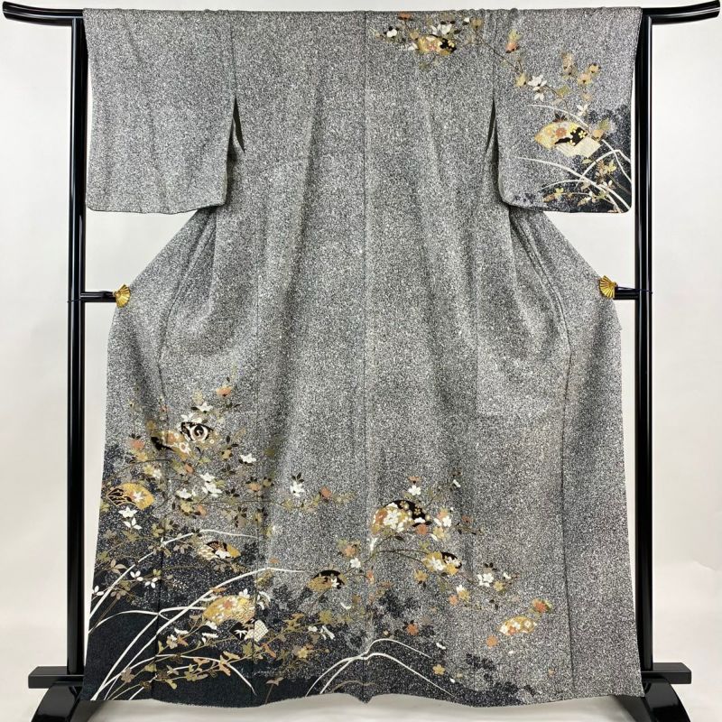 訪問着 身丈162cm 裄丈64cm M 袷 扇面 草花 金彩 黒灰 正絹 秀品