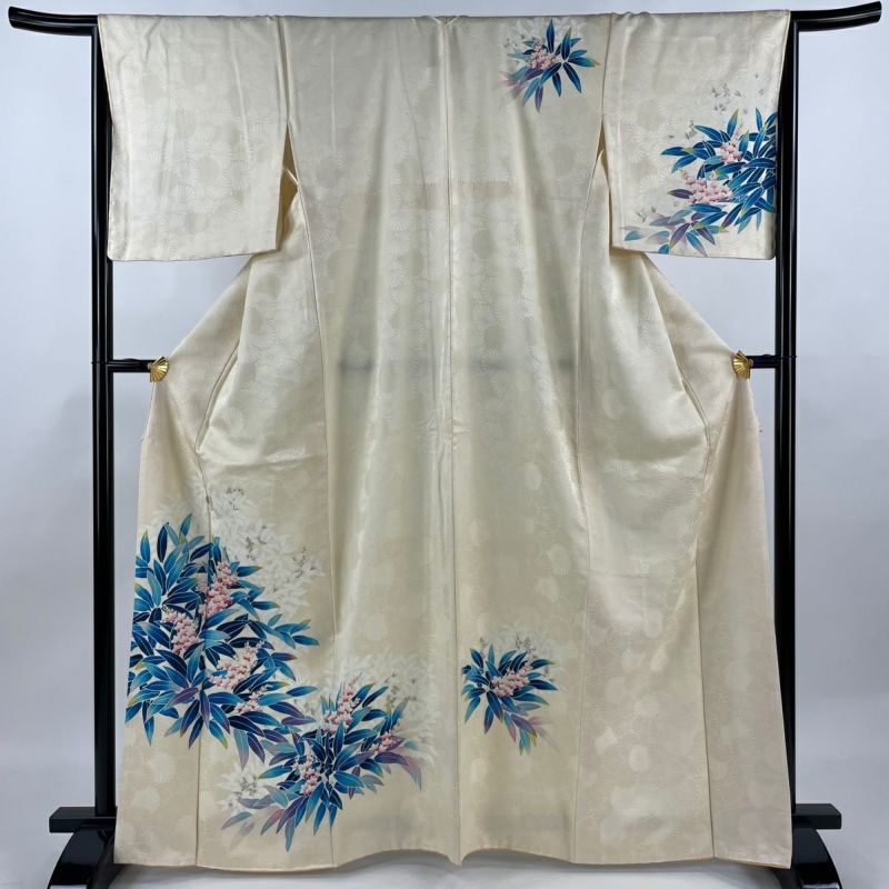 【本物保証】 付け下げ 正絹 巻物と草花模様 深青地 身丈148cm K-1053（付下げ 着物・浴衣