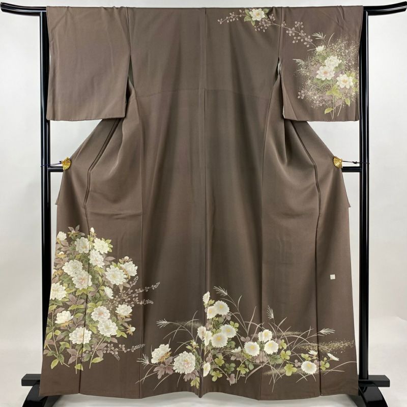 訪問着 身丈163cm 裄丈64.5cm M 袷 枝花 萩 金銀彩 茶色 正絹 秀