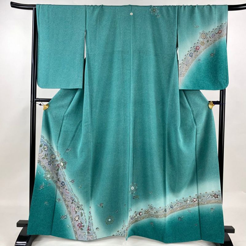 送料無料 ギフト 付下げ 身丈163.5cm 裄丈66.5cm M 袷 華文 花唐草 ぼかし 青緑 着物・浴衣