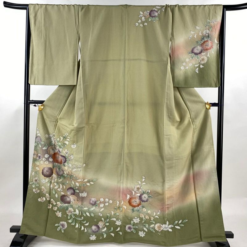 裄丈68cm 薄い黄緑みのイエローに花々訪問着セット 正絹 袷 四点