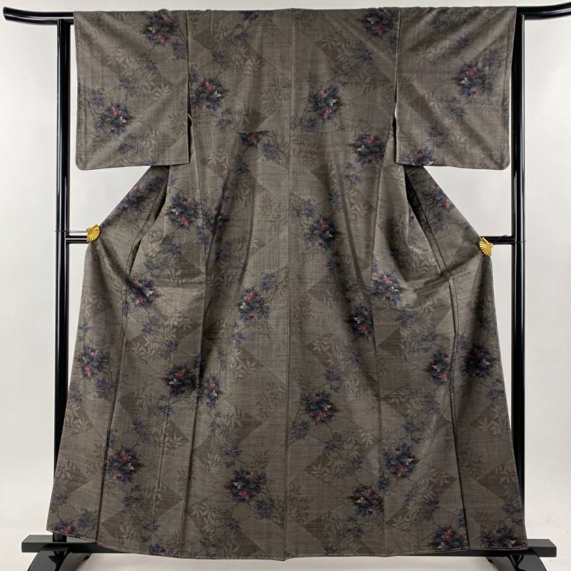 紬 身丈160cm 裄丈63cm S 袷 草花 葉柄 焦茶色 正絹 美品 秀品