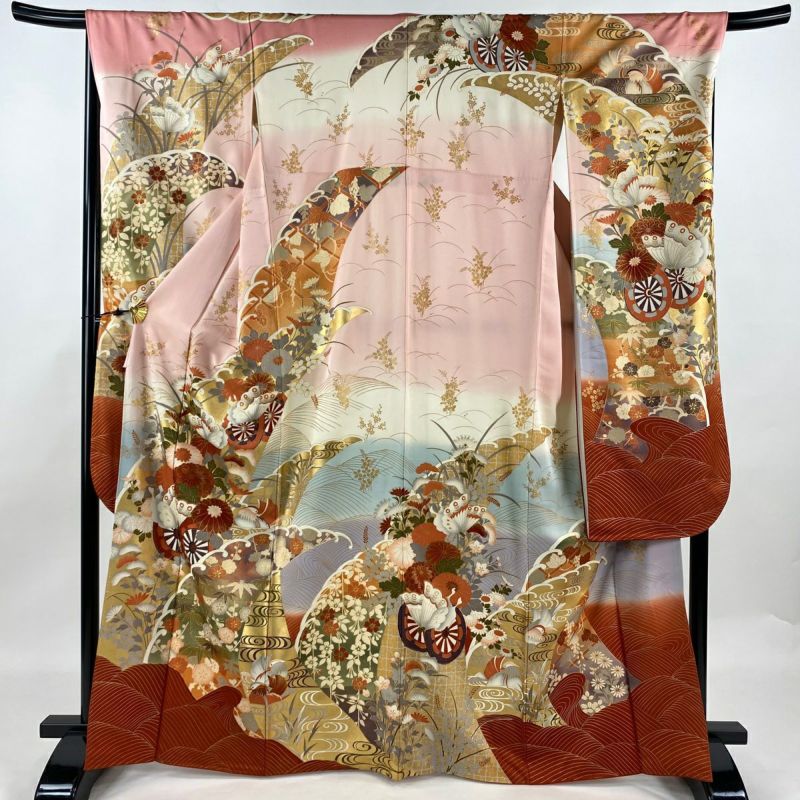 振袖 身丈165.5cm 裄丈68cm L 袷 花車 鴛鴦 金彩 ピンク 正絹 秀