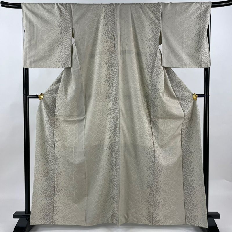 紬 身丈164.5cm 裄丈63.5cm S 単衣 草花 縦縞 灰白 正絹 美品 秀