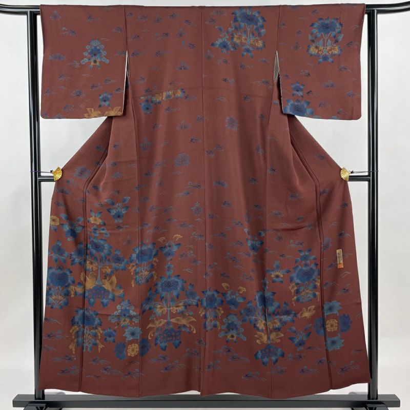 付下げ 身丈154cm 裄丈62cm S 袷 落款あり 草花 鳥 赤茶 正絹 美