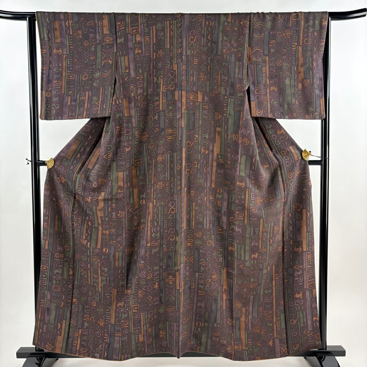 美品】 小紋 身丈158.5cm 裄丈63cm S 袷 幾何学模様 花 紬地 紺色 正絹