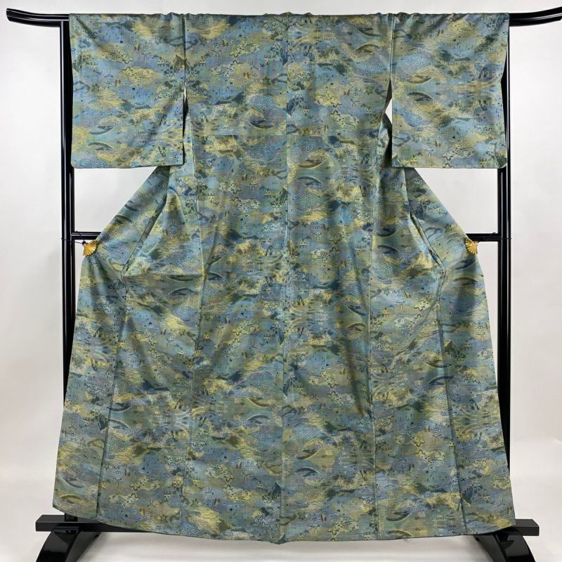 紬 身丈161cm 裄丈65.5cm M 袷 やまと 建物 山 青緑 正絹 美品
