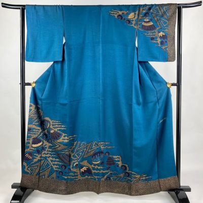 小紋 身丈156cm 裄丈65cm M 袷 桜 縦縞 金彩 ピンクベージュ