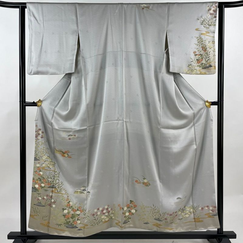 再入荷商品 訪問着 身丈155cm 裄丈62.5cm S 袷 草花 流水 金糸 金彩 灰色 着物・浴衣