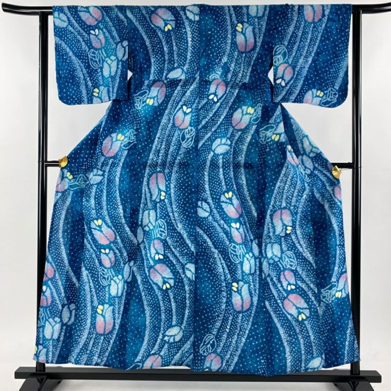 浴衣 身丈161cm 裄丈64.5cm 絞り浴衣 草花 絞り 紺色 綿 美品