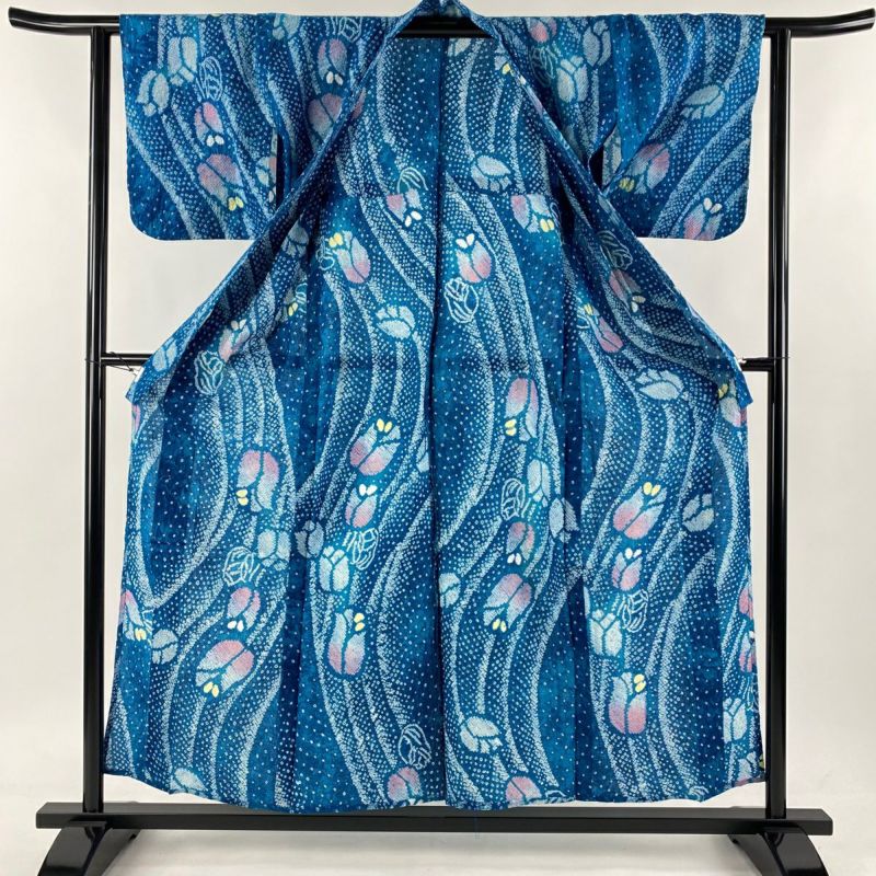 浴衣 身丈161cm 裄丈64.5cm 絞り浴衣 草花 絞り 紺色 綿 美品