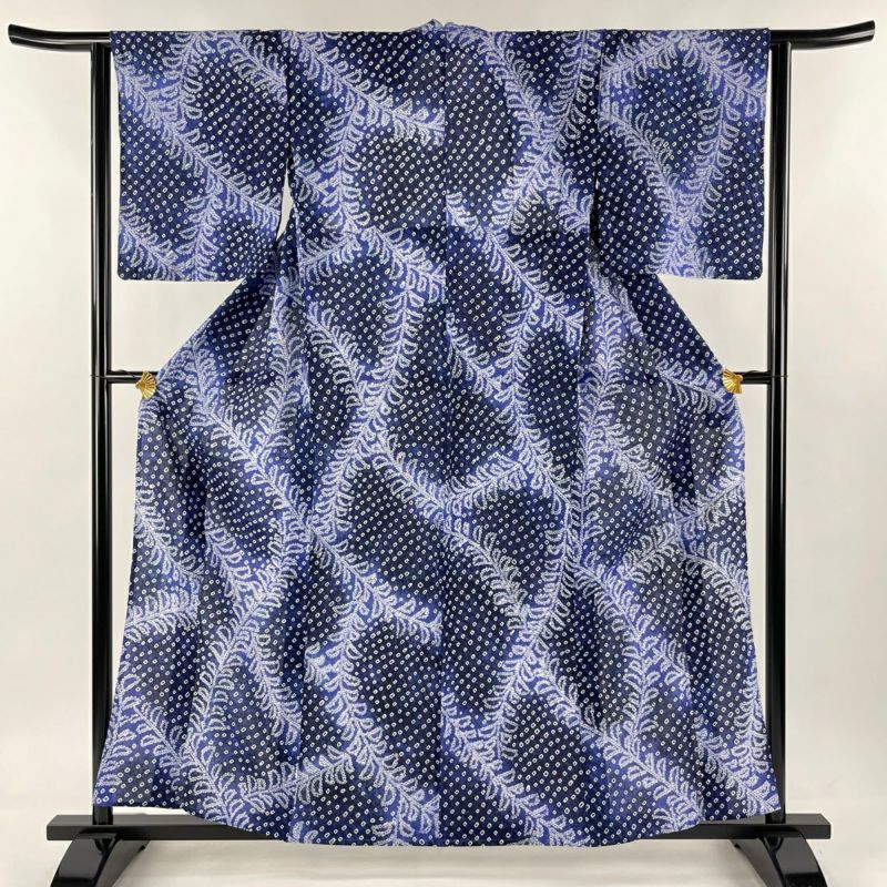 浴衣 身丈159cm 裄丈63cm 絞り浴衣 葉柄 幾何学模様 絞り 青紫