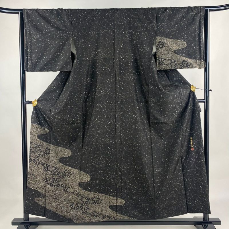紬 正絹 袷 鶴花草文 着丈144センチ 裄60.5センチ