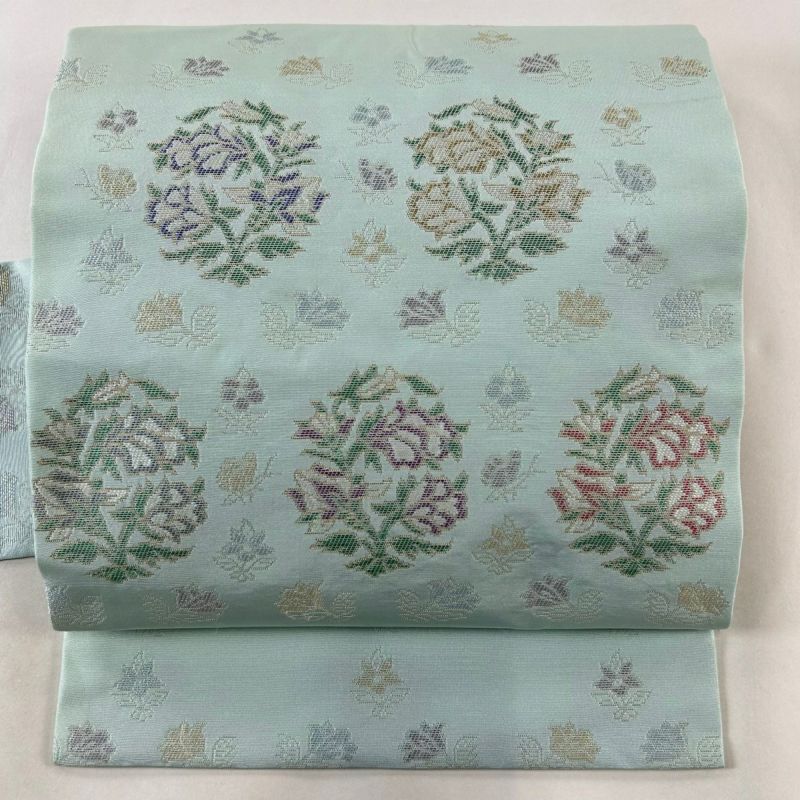 名古屋帯 逸品 帯屋捨松 草花 金銀糸 水色 正絹｜中古・古着