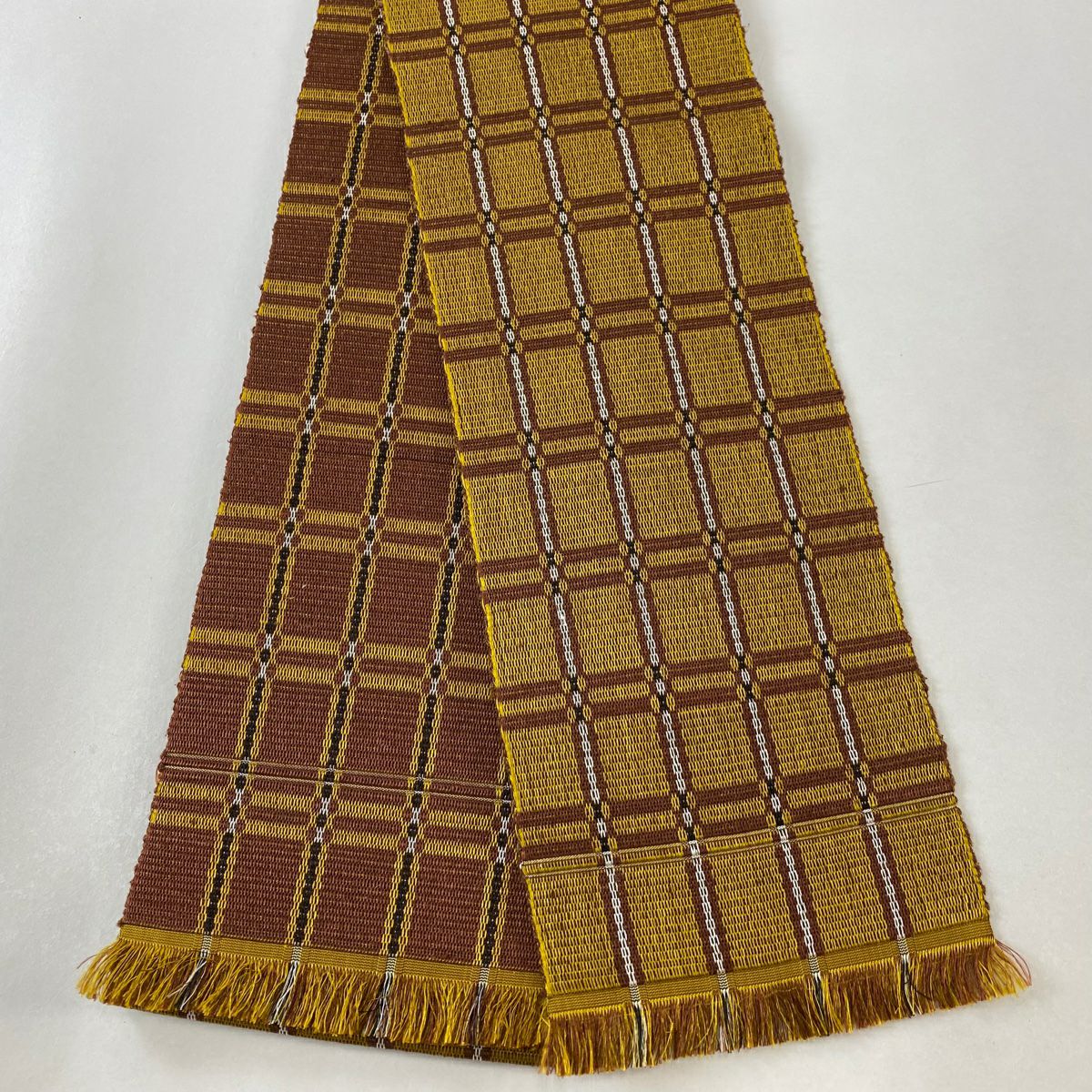 半幅帯 美品 名品 縞 幾何学模様 山吹茶色 正絹｜中古・古着