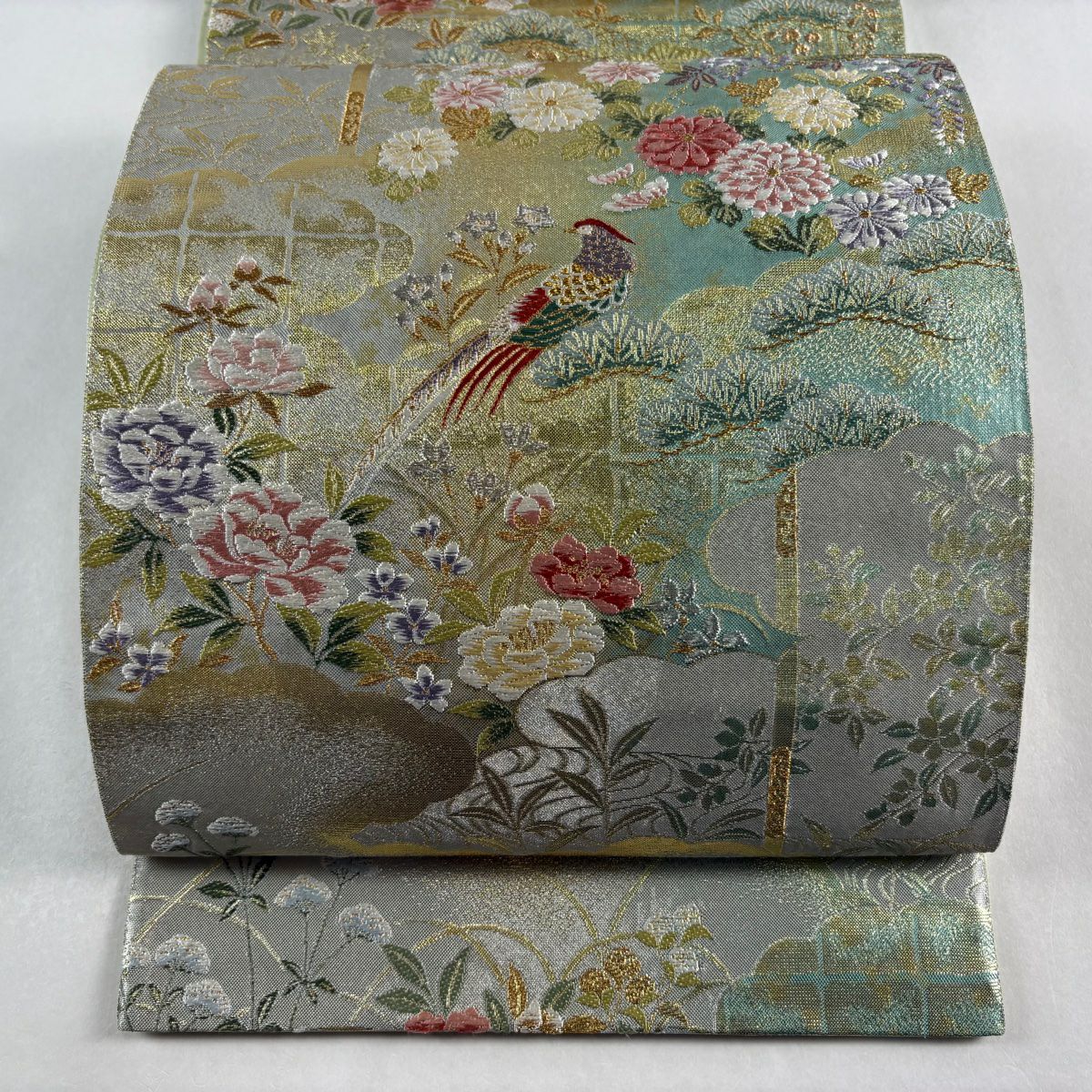 袋帯 秀品 花鳥 雲文 箔 金銀糸 薄緑 六通 正絹｜中古・古着