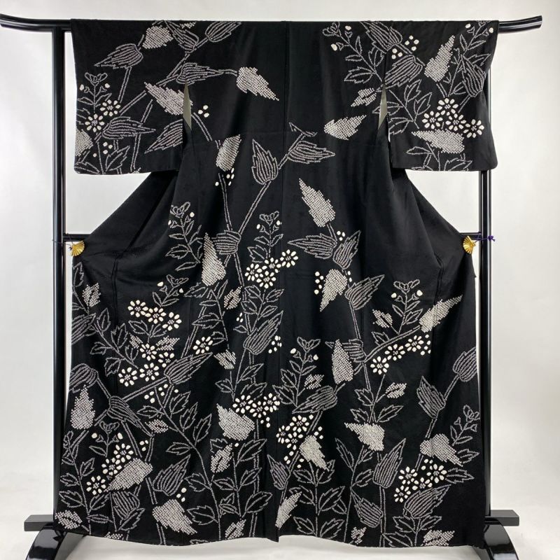 訪問着 身丈164cm 裄丈65cm M 袷 草花 総絞り 黒 正絹 美品 秀品