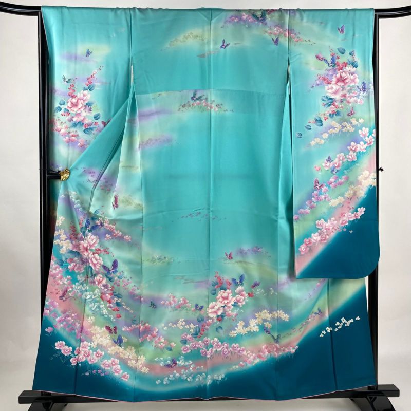 美品 振袖 身丈169cm 裄丈67cmトールサイズ 青 桜 花 アゲハ蝶 正絹
