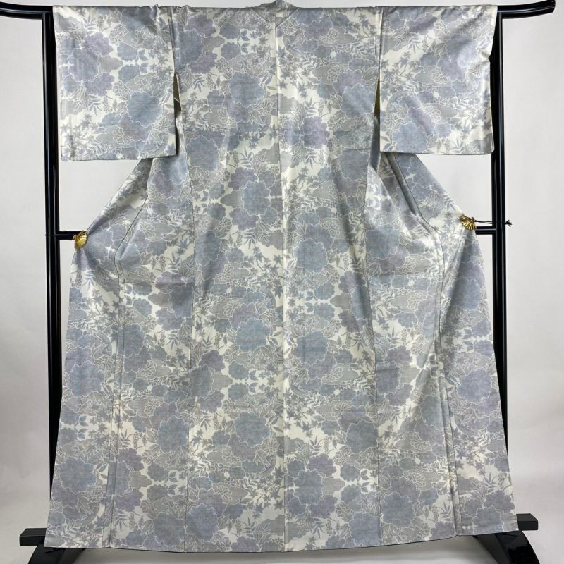 紬 身丈163.5cm 裄丈64cm M 袷 草花 雲文 灰白 正絹 美品 秀品