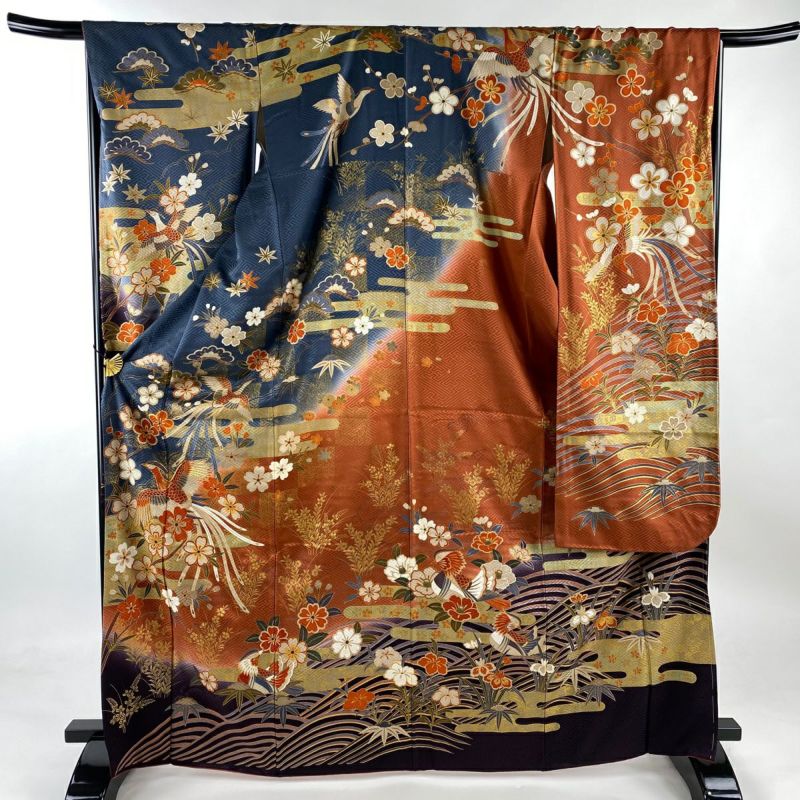 振袖 身丈168cm 裄丈68cm L 袷 尾長鳥 桜 金糸 金彩 青灰色 正絹