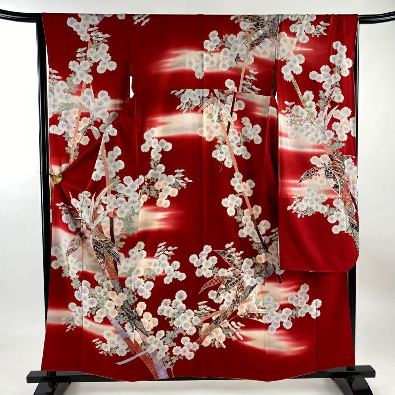 振袖 身丈159.5cm 裄丈65.5cm M 袷 笹 菊 金彩 ぼかし 赤 正絹