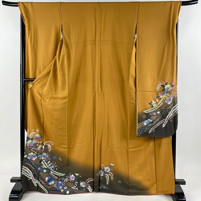 振袖 身丈167cm 裄丈69cm L 袷 草花 七宝花菱 金彩 ぼかし 山吹