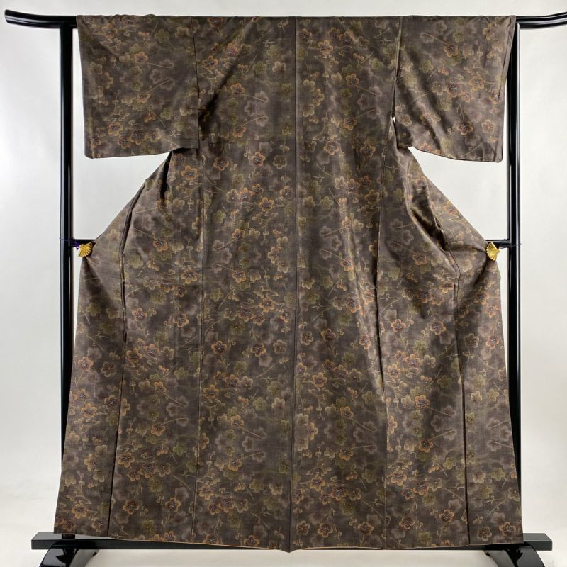 紬 身丈161cm 裄丈64cm M 袷 枝梅 茶紫 正絹 美品 秀品｜中古