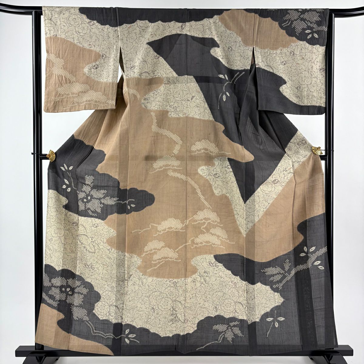 美品】 訪問着 身丈155cm 裄丈63cm S 単衣 紬地 波 松竹梅 染め分け 青 美品】 訪問着 身丈155cm 裄丈63cm S 単衣 紬地 波 松竹梅 染め分け 青