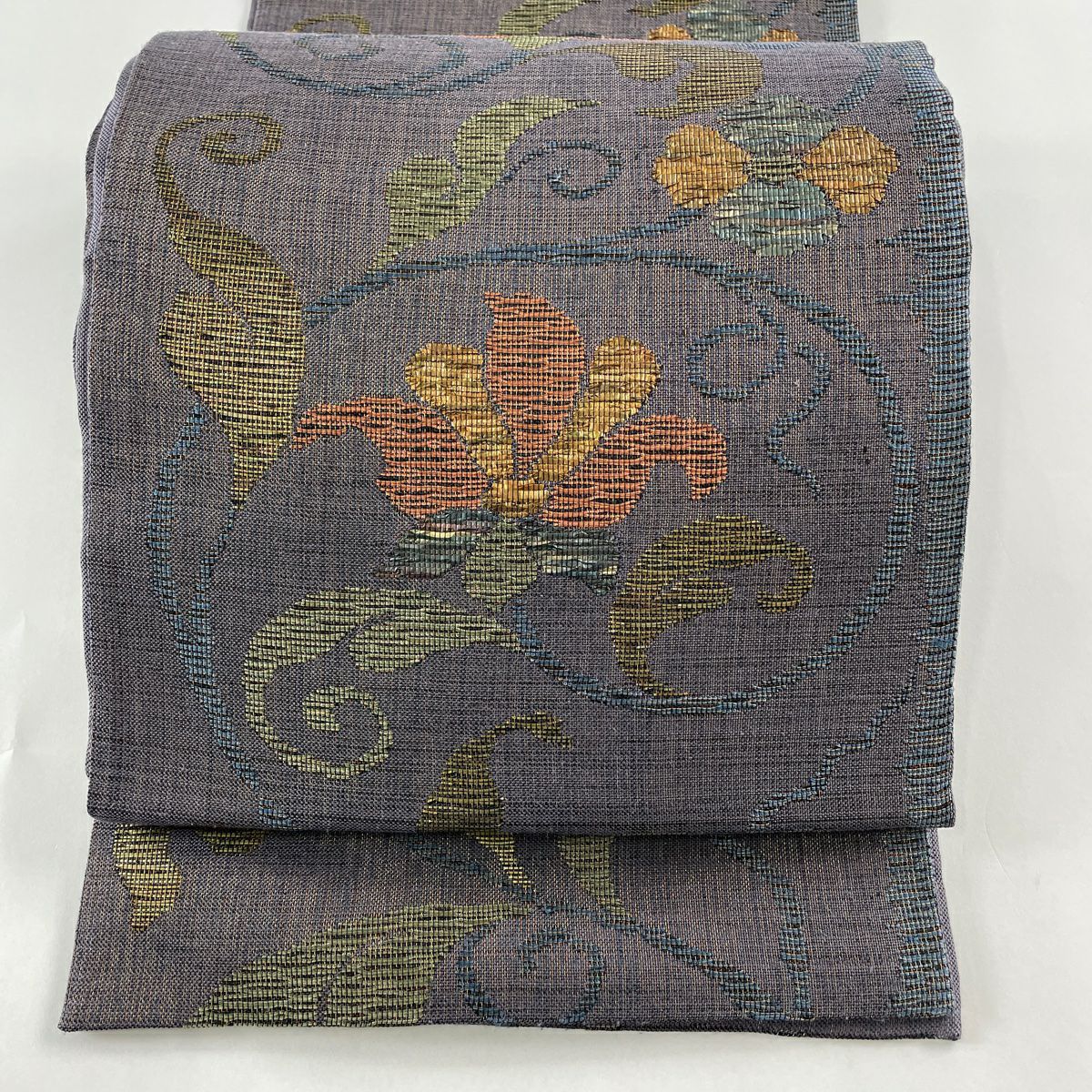 袋帯 美品 秀品 花唐草 網代文 金糸 箔 灰紫 全通 正絹｜中古