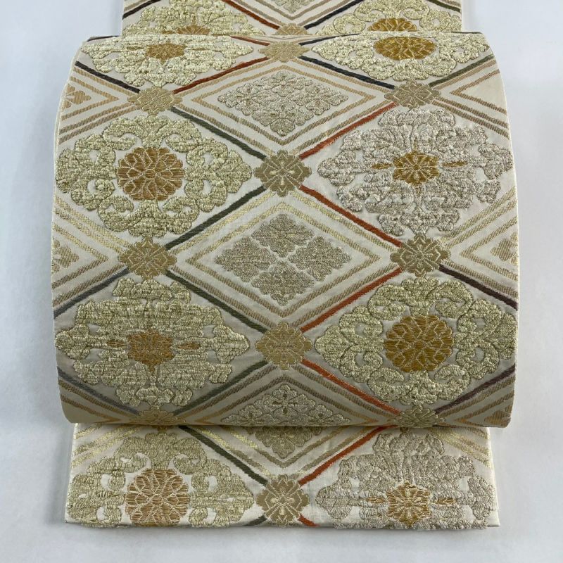 袋帯 美品 秀品 七宝 花菱 金糸 箔 金色 六通 正絹 【中古