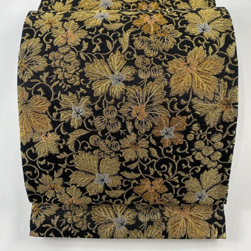 袋帯 美品 名品 花唐草 実 金糸 黒 六通 正絹｜中古・古着