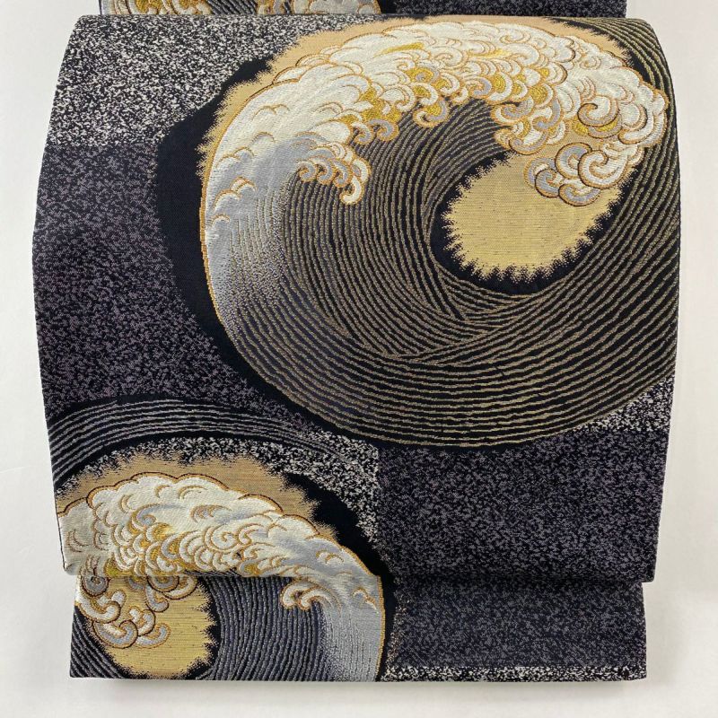 袋帯 美品 名品 波頭 金銀糸 箔 黒 六通 正絹｜中古・古着
