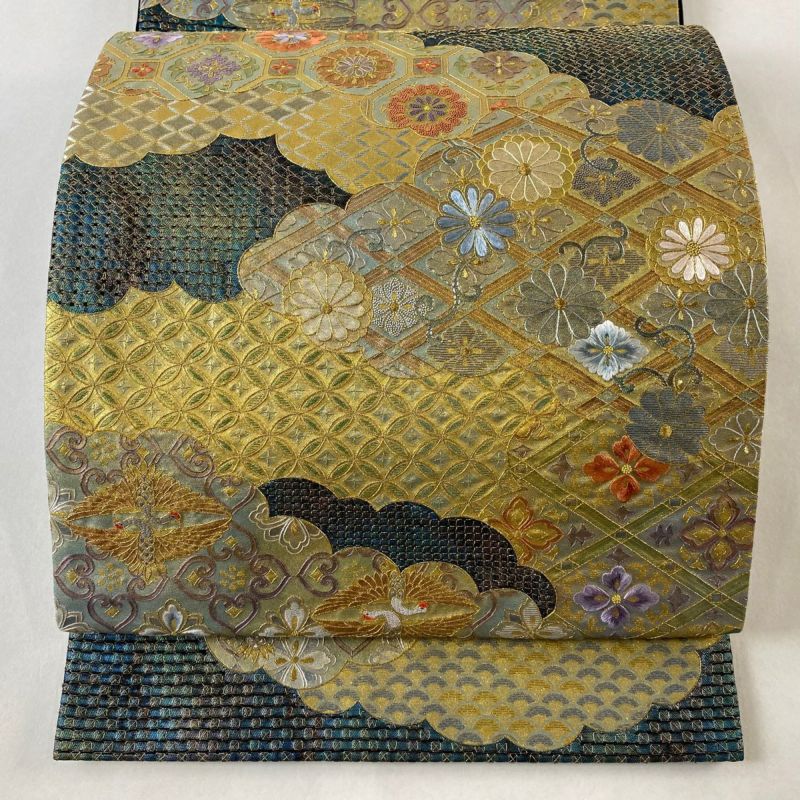 袋帯 美品 逸品 菊 雲文 刺繍 金糸 青緑 六通 正絹｜中古・古着