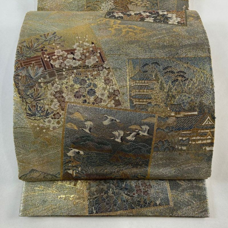 袋帯 美品 逸品 加賀名品百撰 色紙 風景 金糸 箔 金色 全通 正絹